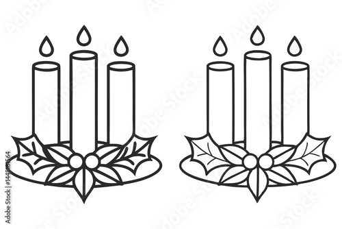 Two black and white candle with holly outlines create a simple Christmas motif
