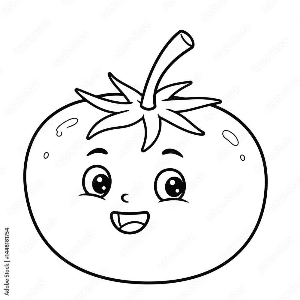 Obraz premium Smiling cartoon tomato coloring page, perfect for kids and toddlers to enjoy and learn. This fun and engaging illustration promotes creativity and is suitable for child-friendly projects, activities, 