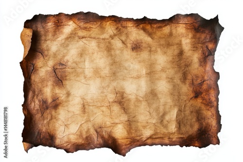 Close up of an old parchment paper with burnt edges on a white backdrop