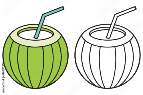 Fresh coconut drink with a straw is shown with a line art version