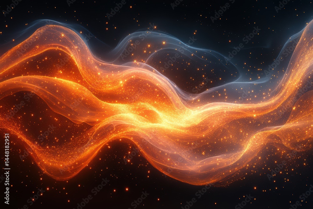 Fototapeta premium Abstract fiery orange and blue wave energy flow, glowing particles background