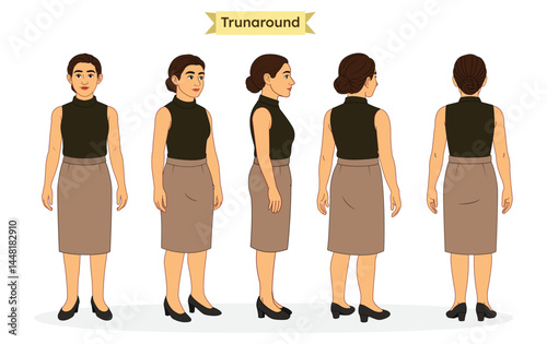 Canvas Print Business Woman Turnaround Sheet – Front, Side, ⅓ front view, ⅓ back view and Back Views in Professional Attire