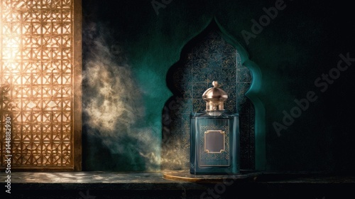 Luxury perfume bottle with light rays on Islamic backdrop