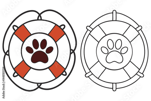 Two life preservers feature paw prints, one in color and the other as an outline