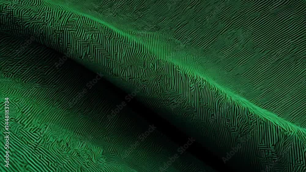 Tracking right and zooming in video of abstract green geometric textile patterns cascading down in a 3d render, high contrast lighting, fine texture, smooth fabric movement. Modern textile design