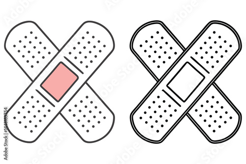 Two bandage strips overlap in an X shape with one colored and one outlined