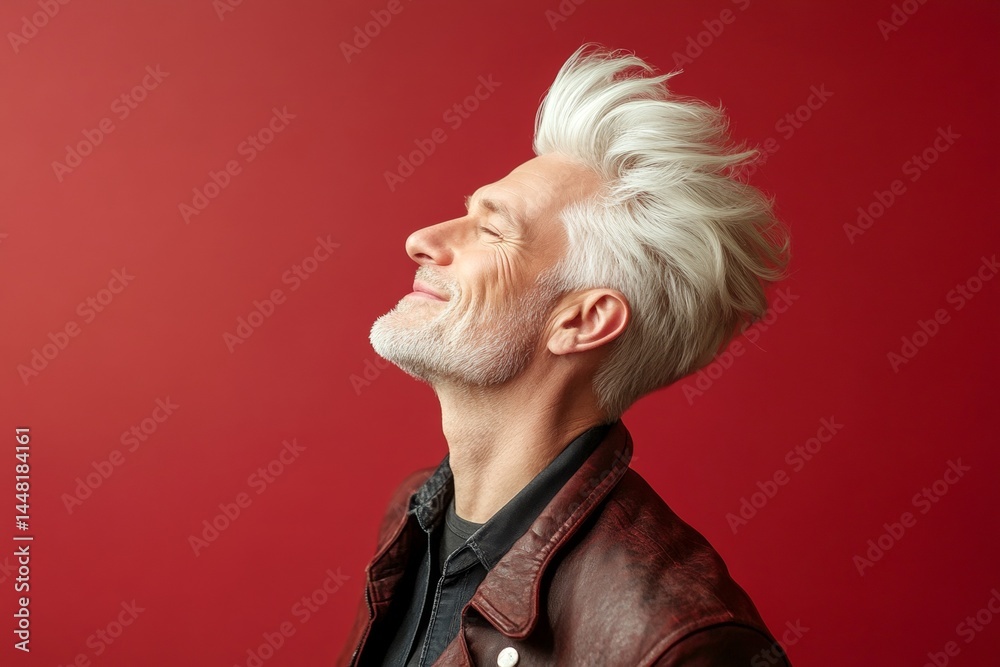 Red solid background. Conceptual art of style for aging men. A peaceful and elegant male enjoying his moment. Modish men's quiff haircut - midlife white man with white hair.