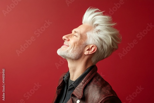 Red solid background. Conceptual art of style for aging men. A peaceful and elegant male enjoying his moment. Modish men's quiff haircut - midlife white man with white hair.