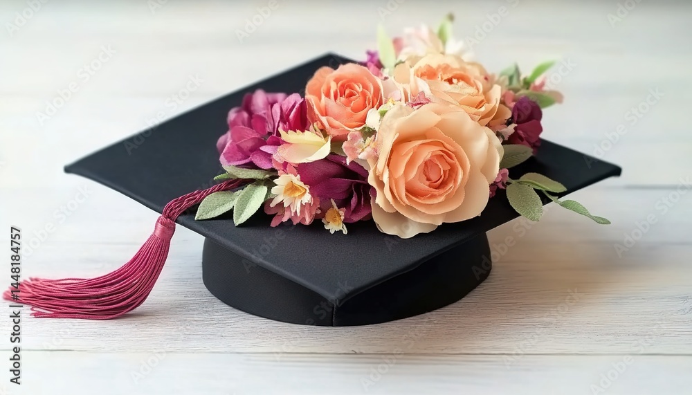 Obraz premium Black graduation cap with colorful flowers and purple tassel on wood.