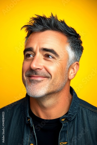 A smiling man in a professional portrait session. Visual idea of style for aging men. Yellow solid background. Fashionable men's crew cut haircut - midlife white man with black hair.