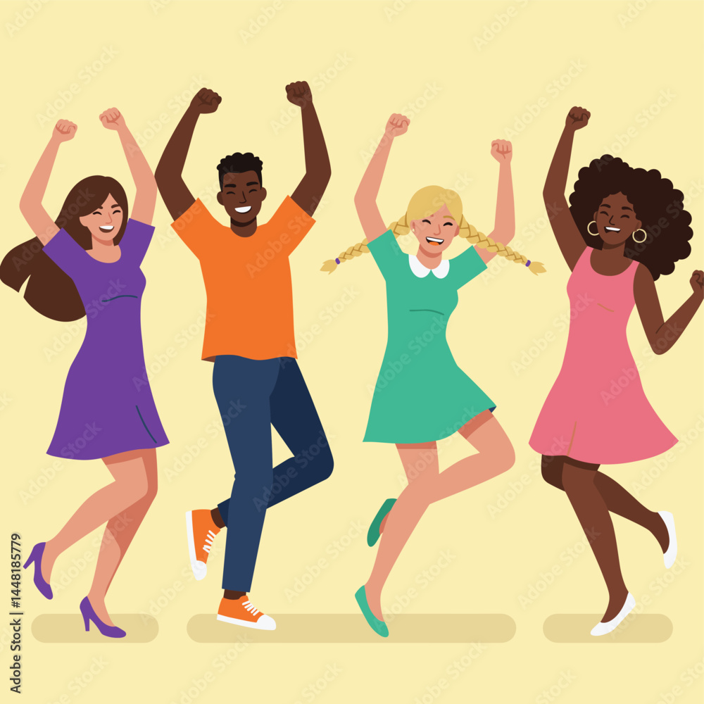 Fototapeta premium Joyful Harmony: A vibrant display of unity unfolds as individuals of diverse backgrounds embrace a shared moment of elation, captured in this illustrative scene of friendship.
