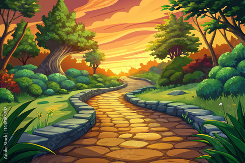Winding garden path paved with cobblestones amidst lush greenery