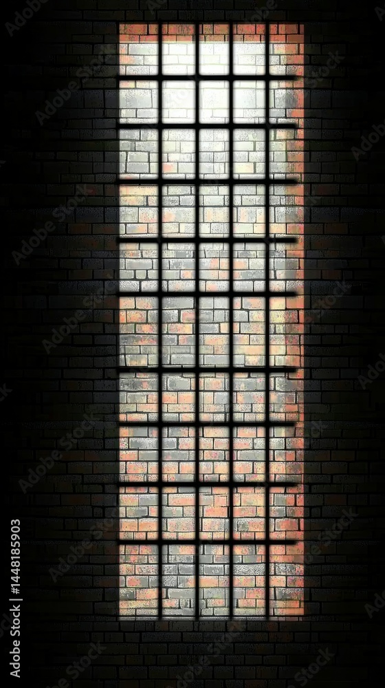 Empty prison room template. Lattice window illuminates blank black space and vector brick walls with incidents of light Empty prison room template. Lattice window illuminates blank black space and vector brick walls with incidents of light