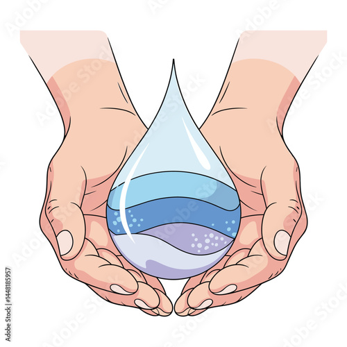 Cupped Hands with Layered Blue Water Drop Vector