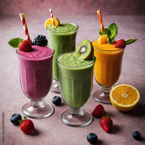 Exquisita Sinfonía de Sabores Naturales: Composición Moderna de Múltiples Smoothies con Garnish Creativo y Frutas Variadas, Perfecta para Promocionar un Estilo de Vida Saludable y Energizante photo