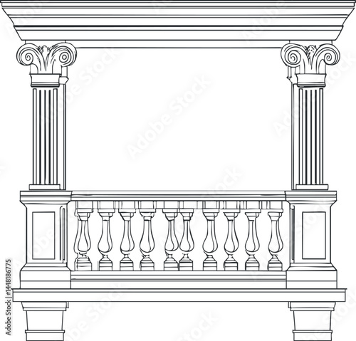 Outline illustration of classical architectural balustrade with decorative columns and detailed molding.