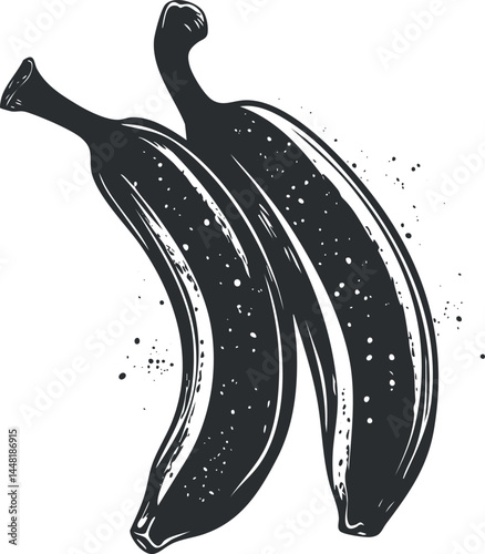 Black and white illustration of two ripe bananas with detailed textures and shading on a white background