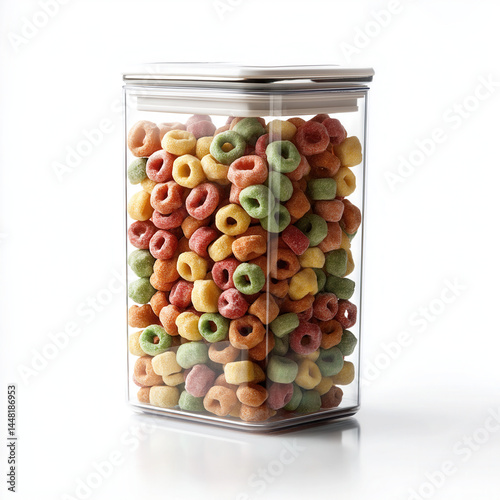 Cereal container filled with colorful loops breakfast food essential isolated on white background