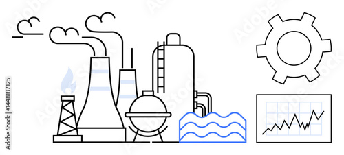 Factory chimneys and pipelines emitting smoke, gas flame, water waves, gear, and analysis chart. Ideal for industry, production, logistics, energy technology manufacturing simple landing page