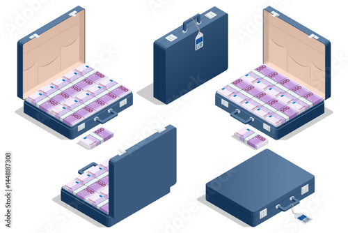 Isometric vector illustration of a blue suitcase packed with 500 euro banknotes. Symbol of tax evasion, bribery, and cross-border money transfers.