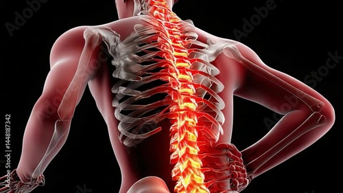 Human Spinal Anatomy in Highlight: A detailed 3D medical rendering showcases the human spine, emphasizing the intricate structure with vibrant illumination.