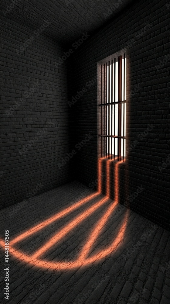 The beam of light hitting the room from the iron-barred window resembles a prison, dungeon or an abandoned building. The beam of light hitting the room from the iron-barred window resembles a prison, dungeon or an abandoned building.