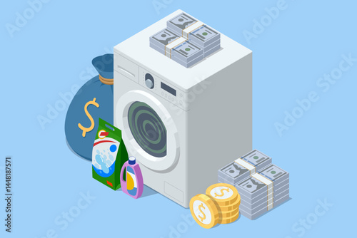 Isometric vector illustration of a washing machine surrounded by cash, detergent, and gold, symbolizing financial crime and laundering process. Illegal money metaphor for financial crime and