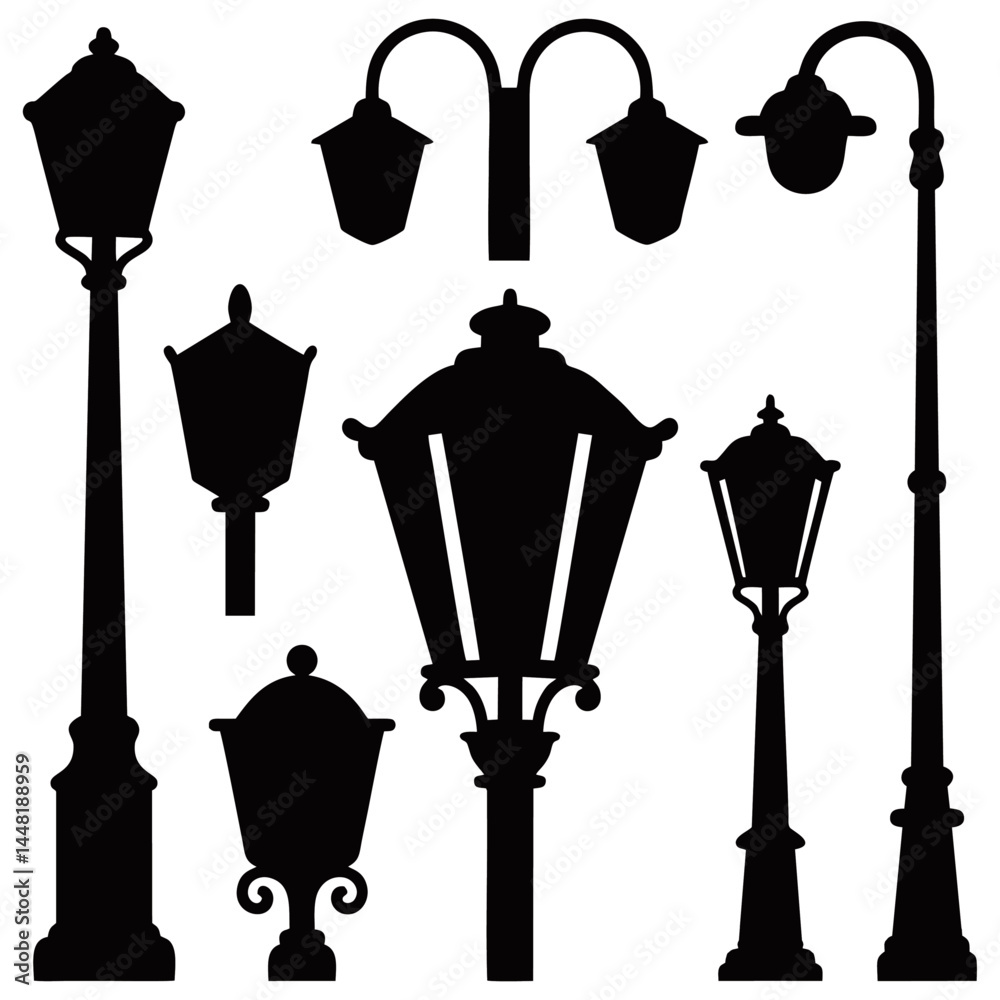 collection of vintage and modern street lamp vector silhouettes_4.ai