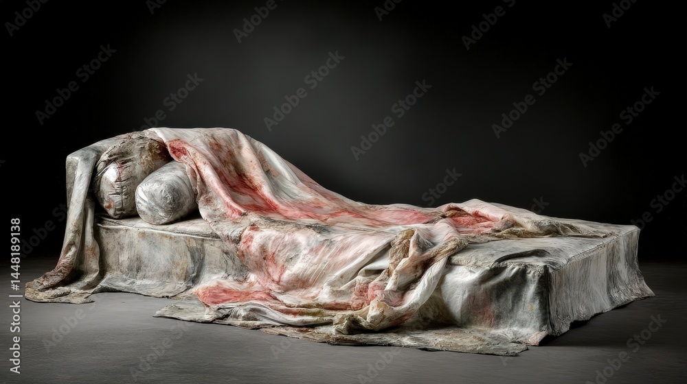 A sculpted chaise lounge draped in textured, flowing fabric with streaks of red, set against a dark background. It evokes a sense of decay and artistry A sculpted chaise lounge draped in textured, flowing fabric with streaks of red, set against a dark background. It evokes a sense of decay and artistry