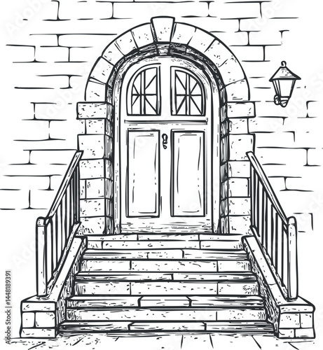 Black and white sketch of a classic arched door entrance with stone stairs and handrails