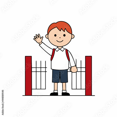 choolboy waving goodbye to friends at the school gate
