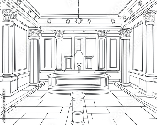 Black and white line drawing of an ancient Roman bath interior with classical columns and detailed architectural design