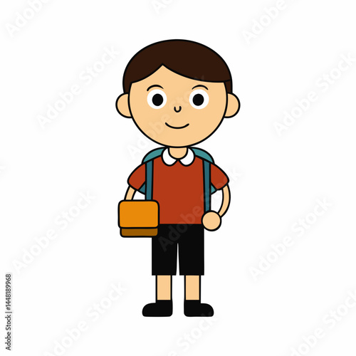 schoolboy wearing a backpack and holding a lunchbox.