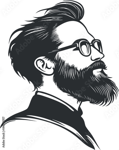 Black and white stylized side profile illustration of a bearded man wearing glasses with modern hairstyle.