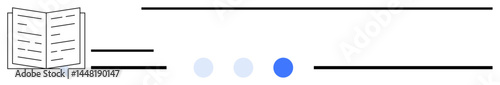 Open book with lines symbolizing text, three dots suggesting progress, focus or loading. Ideal for education, e-learning, reading, study tracking, online content, progress indication and a simple