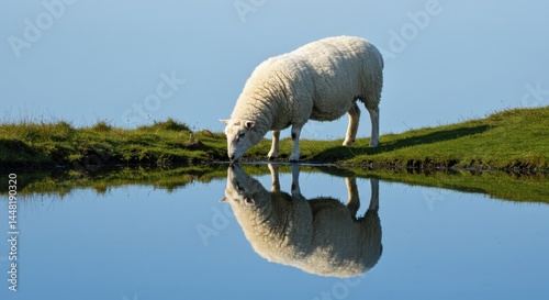 Sheep drinking from a calm pond surrounded by lush green grass under a clear blue sky