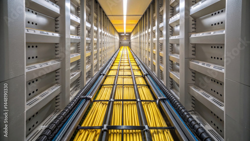 Cable laying in multifloor building shaft with organized yellow cables and metal supports, showing high fidelity and detailed industrial infrastructure in well lit space