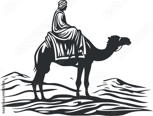 Silhouette of a man riding a camel in a desert landscape with sand dunes in the background