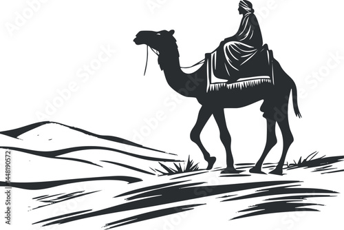 Silhouette of a person riding a camel through desert dunes with minimalistic landscape