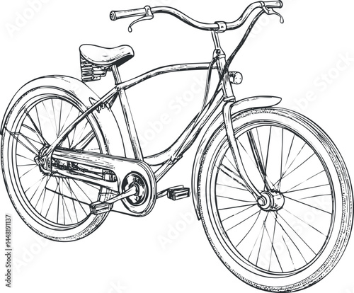Black and white line drawing of a vintage cruiser bicycle with detailed frame and large wheels