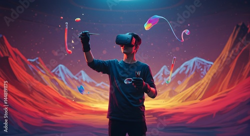 Virtual reality painting session amidst a surreal mountain landscape canvas