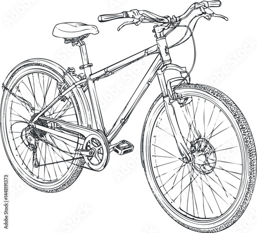 Black and white detailed line drawing of a bicycle showing frame, wheels, pedals, and handlebars for cycling and transportation