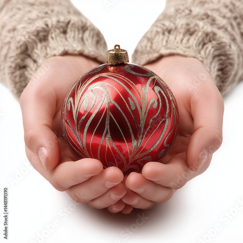 Human hands holding Christmas ornament festive decoration isolated on white background