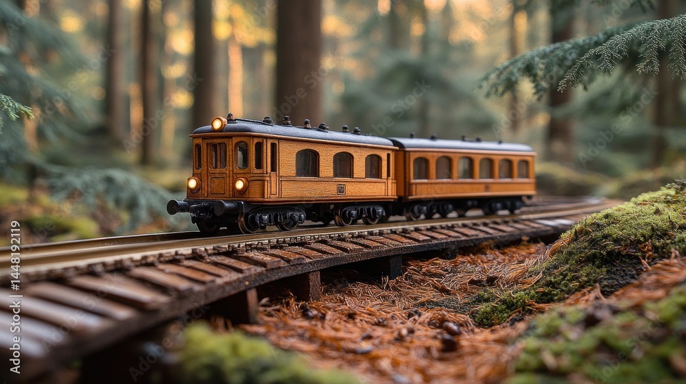 Fototapeta premium Wooden model train on miniature railway track curving through autumnal forest.