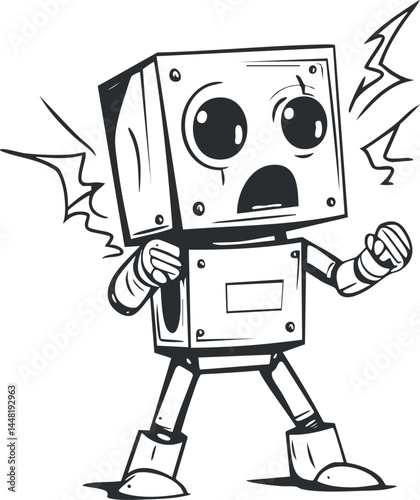 Cartoon robot character with shocked expression in black and white line art style