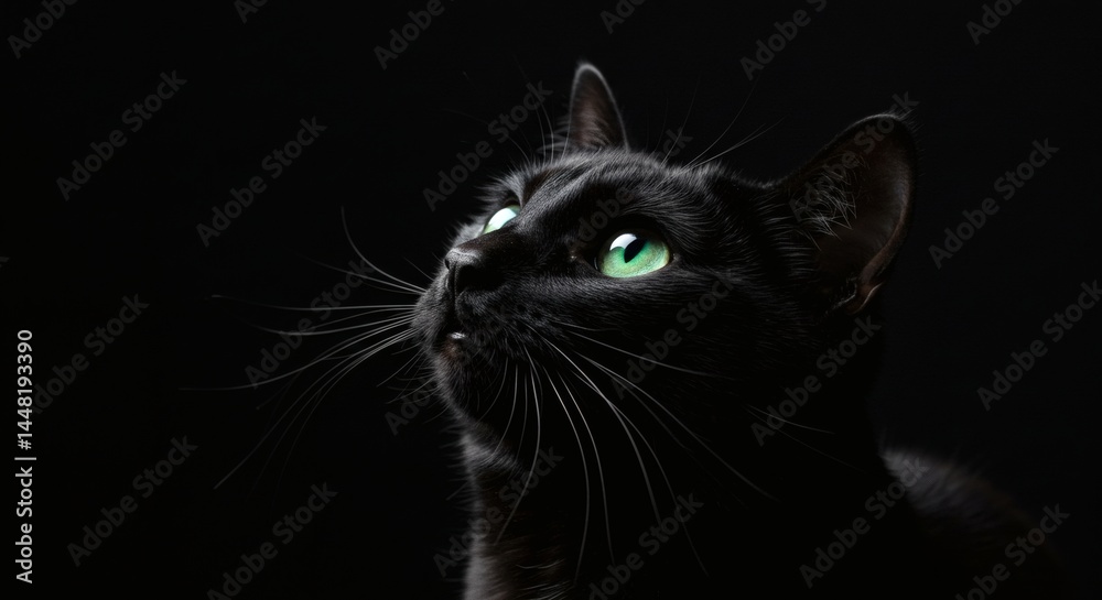 A stunning portrait of a black cat with bright green eyes gazing upwards dramatically. A stunning portrait of a black cat with bright green eyes gazing upwards dramatically.