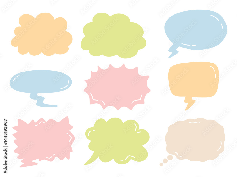 Set of colorful bubble speech. With doodle hand drawn style. For layout, website, graphic design.