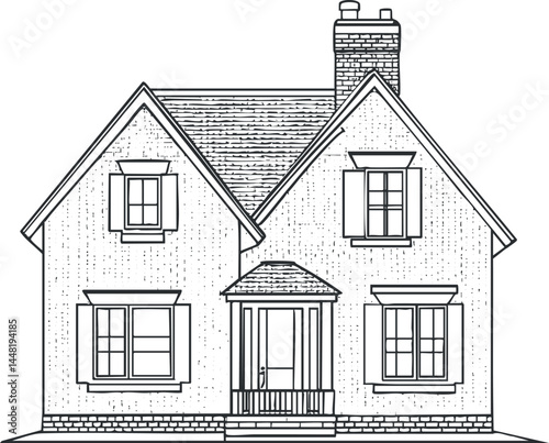 Front view line drawing of a classic house with chimney porch and multiple windows