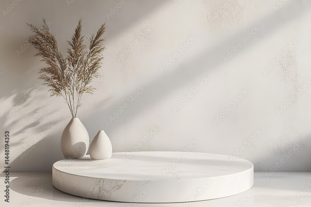 White Round Podium With Dried Plants And Vases White Round Podium With Dried Plants And Vases