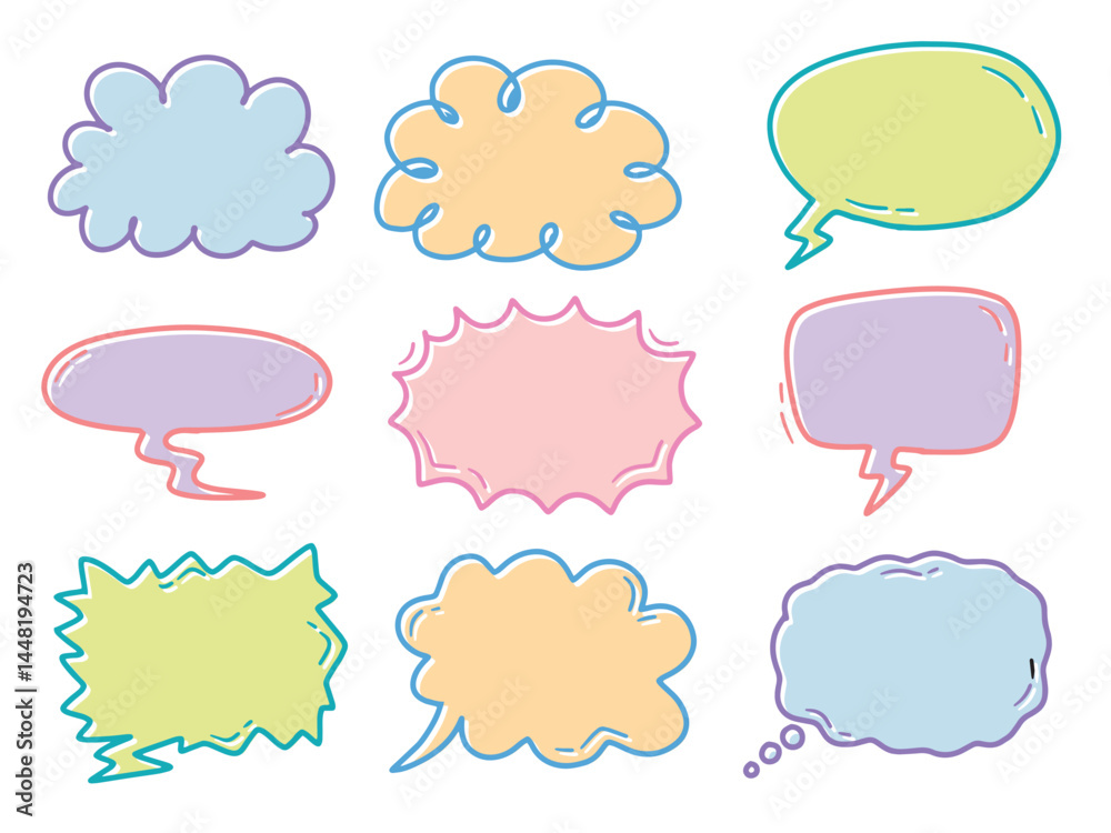 Set of colorful bubble speech. With doodle hand drawn style. For layout, website, graphic design. Set of colorful bubble speech. With doodle hand drawn style. For layout, website, graphic design.